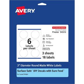 Avery Round Labels with Sure Feed, 3" Diameter, 18 White Labels, Print-to-The-Edge, Surface Safe Clean Removable Label Adhesive, Laser/Inkjet Printable Labels