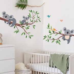 2 Sheets Removable Cute Koala Tree Branch Wall Decals Nursery Animal Wall Sticker for Kids Girls Boys Bedroom Living Room Nursery Classroom Playroom Wall Background Decoration