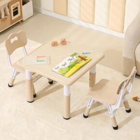 Kids Table and 2 Chairs Set, Height Adjustable Toddler Table and Chairs with Anti-Slip Foot Covers, Graffiti Desktop Arts & Crafts Table for Daycare, Classroom