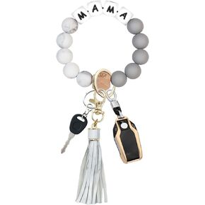Bracelet Wristlet Keychain, Silicone Beaded Bangle Key Ring with Tassel, Mother's day Christmas Gift for Women