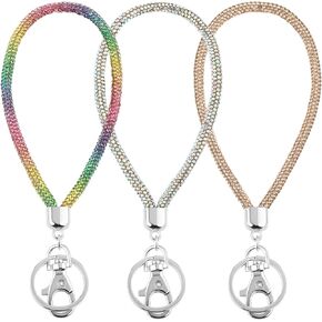 3 PCS Wristlet Keychain Bling Rhinestone Key Chain Wristlet Bracelet, Portability Crystal Wrist Lanyards for Women Keychain Wristlet Wallet Credit Card Holder(Khaki, White, Colored)