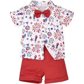 4th Of July Baby Boy Outfit Toddler Gentleman Button Down Shirt Tops Shorts Fourth Of July Clothes 2pc set 12-5Y