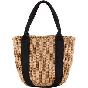 Casual Straw Bag Natural Tote Bag Women Handbag Braided Garden Bag Rattan Handwoven Bucket Hand Worn Straw Bag Black Canvas Summer Holiday Beach Bag Retro, brown, 28*22*15 cm