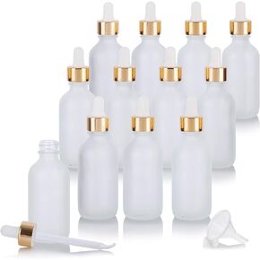 JUVITUS 2 oz Frosted Clear Glass Boston Round Bottle with Gold Metal and Glass Dropper (12 pack) + Funnel