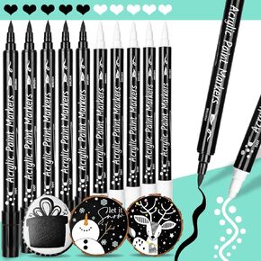 White Black Paint Markers for Wood: 12 White Black Acrylic Paint Pen for Rock Painting, Paper, Metal, Plastic, Ceramic, Woodworking, Waterproof White Black Acrylic Paint Marker(6 White + 6 Black)