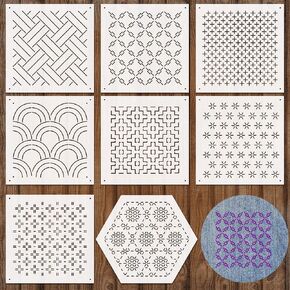 Yousoontic 8 Pcs 4.7 x 4.7 Inch Plastic Sashiko Stencil Geometric Embroidery Pattern Drawing Line Sashiko Template for Hand Quilting and Embroidery, 2.5mm Thick