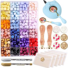Wax Seal Kit with 24 Colors Wax Seal Beads 600pcs, 2Pcs Love Heart Wax Seal Stamp Kit with Electric Wax Seal Warmer Set, Metallic Pen, Envelopes Sealing Wax Kit for Wedding Invitation