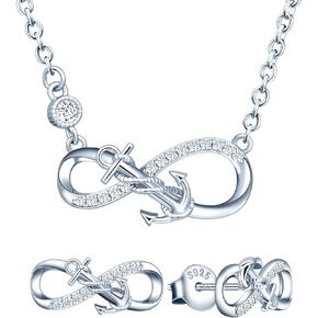 Yumilok Infinity Nautical Anchor Necklace Earring Set 925 Sterling Silver Earrings Studs Pendant Necklace Jewelry Set for Women Teen Girls Christmas Valentines Day Anniversary Mom Wife Birthday Gifts