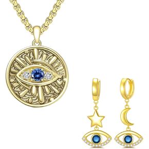 Evil Eye Necklace Earrings Jewelry Set Sterling Silver Blue Evil Eye Pendant Protection Pendant Necklace Gold Plated Jewelry Gift Women Men