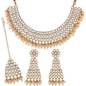 Aheli Ethnic Bollywood Faux Pearl Necklace Earrings Maang Tikka Indian Jewelry Set for Women