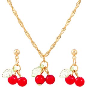 Red Cherry Fruit Necklace Earrings for Women Girls Gold Plated Creative Charm 3D Resin Sweet Tropical Fruits Green Leaf Cute Jewelry Set for Birthday Party Summer Beach Holiday Fashion Jewelry Gifts