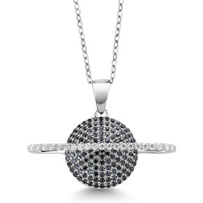 Gem Stone King Keren Hanan Planet Saturn Energy 925 Sterling Silver White Moissanite and Black Spinel Pendant Necklace For Women (1.12 Cttw, 28X14MM, with 18 Inch Silver Chain)