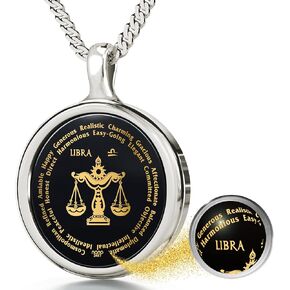 Libra Necklace Zodiac Pendant for Birthdays 23rd September to 23rd October with Star Sign and Personality Characteristics Inscribed in 24k Gold on Round Black Onyx Gemstone, 18" Rolo Chain