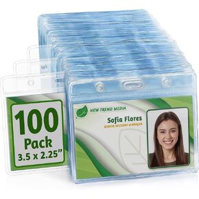 EcoEarth Vertical No Zipper ID Name Badge Holder with Soft Edge (Clear, 2.25x3.5 Inch, Bulk 100 Pack), Quick Loading Plastic Card Pouch, Nametag Sleeves