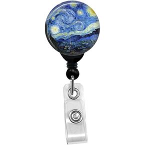 Vincent Van Gogh - The Starry Night -Retractable Badge Reel - ID Name Tag Custom Badge Holder (Black Badge Reel with Spring Pinch Clip)