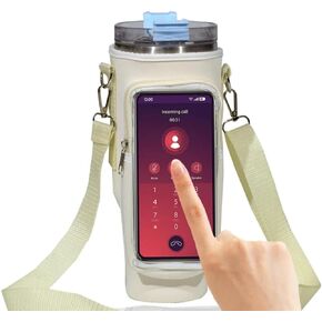 Water Bottle Carrier Bag with Touchable Screen Phone Pocket for Stanley 40oz-Neoprene Holder with Adjustable Strap and Straw Cover for Stanley Cup. (Pink and blue) and Straw Cover Stanley Cup.
