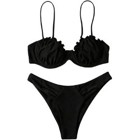 Floerns Women's Frill Trim Ruched Bust High Cut Cheeky Two Piece Bikini Swimsuits