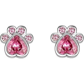 Cute CZ Cat Paw Print Mini Stud Earrings for Women Teen Girls Cartilage 925 Sterling Silver Crystal Pink Diamond Heart Dog Puppy Kitten Animal Pet Tiny Small Studs Earring Dainty Christmas Jewelry Gifts for Daughter Birthday