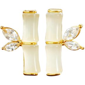 Bamboo Crystal Stud Earrings for Women Teen Girls Gold Plated Asymmetric Charm Cute Bamboo Leaf Plant Chic Rhinestone Cubic Zirconia Small 925 Sterling Silver Earrings for Birthday Holiday Jewelry Gifts