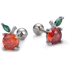 20G CZ Orange Fruit Earrings for Women Girls 925 Sterling Silver Hypoallergenic Piercing Ear Cute Small Red Crystal Apple Leaf Ball Cartilage Tragus Screw Back Dainty Birthday Christmas Jewelry Gifts