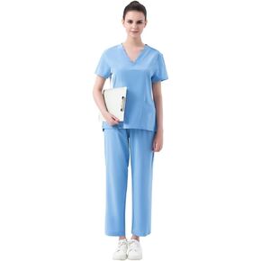 Scrubs for Women Set Patchwork V-Neck Scrub Top & Jogger Pants Women Scrubs Stretch Workwear with Multi Pockets