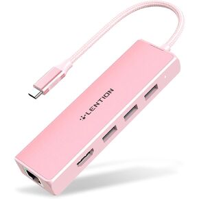 LENTION USB C Hub with 1000Mbps Ethernet Adapter, 4K HDMI, 3 USB 3.0 Port for 2023-2016 MacBook Pro 13/14/15/16, New Mac Air & Surface, Chromebook, More, Stable Driver Certified (CB-C25, Rose Gold)