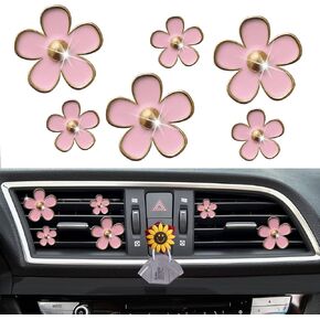 6 Pcs Daisy Air Vent Clips, Cute Flower Air Conditioning Outlet Clip Car Air Fresheners Vent Clips Car Interior Decor Charm Car Decoration Cute Car Accessories for Women Girls + Mask Hook(Pink)