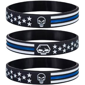Sainstone Police Bandits Skull American Flag Silicone Bracelets, Thin Blue Line Motivational Wristband Gifts for Police Cops, Patriots, USMC, Men Women