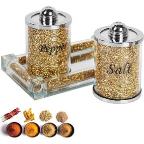 Crystal Salt and Pepper Shakers Set with Tray,Sparkly Crystal Crushed Diamond House Decor for Kitchen,Bling Salt Pepper Jar Container Pot for Countertop,saleros para cocina elegantes,Silver