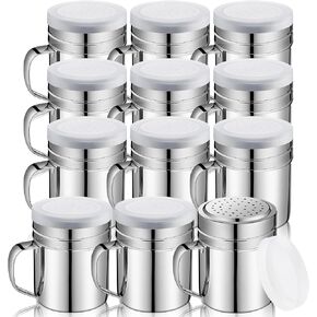 12 Pcs 10 oz Stainless Steel Spice Shakers with Holes and Lids Dredge Shakers with Handle Versatile Salt Shaker for Sugar Pepper Seasoning Flour Popcorn Cinnamon Powder Container Accessories