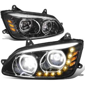 DNA MOTORING HL-HAY-010-CH Pair of Dual LED Halo Rings Sequential Turn Signal Projector Headlights High/Low Beam Compatible with 13-21 Kenworth T680, Chrome
