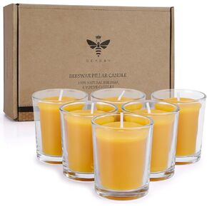 Pure Beeswax Votive Candles-6 Pack Natural Votives Set in Glass Cup for Home Room Decor Party Wedding Spa Gift