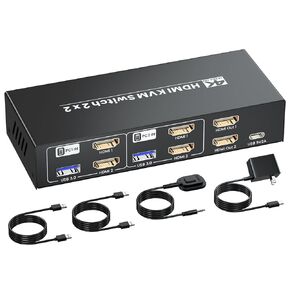 HDMI KVM Switch 2 Minitors 2 Computers, 4K@60Hz Dual Monitor HDMI KVM Switcher 2 in 2 Out for 2 PC Share Dual Monitors and 1 Set of Keyboard Mouse and Other USB Devices, Copy Mode & Extended Mode