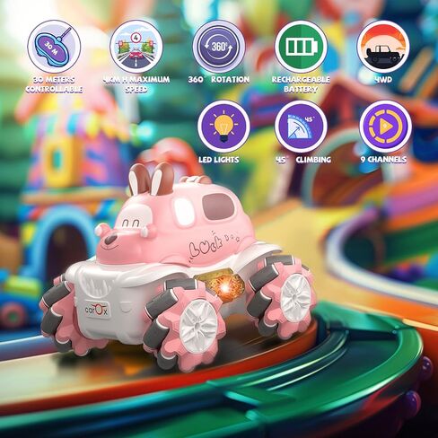RC Stunt Car for Girls - 4WD Remote Control Car with LED Light 360° Rotating Drift Toddlers Cars Rechargable Battery 1:36 Race Car, 2.4 GHz RC Truck Toy Vehicle for 3-5 Year Old Boys Girls in Saudi Arabia