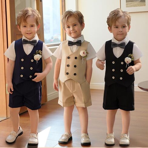 LOLANTA 4Pcs Boys Suit, Kids Summer Dress Clothes Shirt Vest Shorts Bow Tie | 4Pcs Boys Suit- Vest, Shirt, Shorts Bow tie, for Summer, Wedding, Homecoming, Graduation, Birthday, Party, Easter,Church in Saudi Arabia