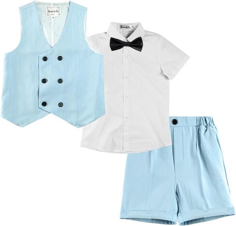 LOLANTA 4Pcs Boys Suit, Kids Summer Dress Clothes Shirt Vest Shorts Bow Tie | 4Pcs Boys Suit- Vest, Shirt, Shorts Bow tie, for Summer, Wedding, Homecoming, Graduation, Birthday, Party, Easter,Church in Saudi Arabia