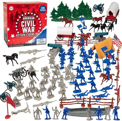 Civil War Army Men Toy Soldier Action Figure Playset -100 Pieces Including Confederate & Union Soldiers, Cannons, Wagons, Rideable Horses, Terrain Accessories -Great for Dioramas & School Projects in Kuwait