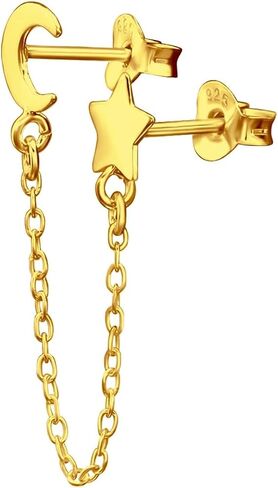 925 Sterling Silver Moon and Star Double Stud Earrings with Connecting Chain in Saudi Arabia