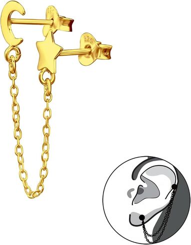 925 Sterling Silver Moon and Star Double Stud Earrings with Connecting Chain in Saudi Arabia