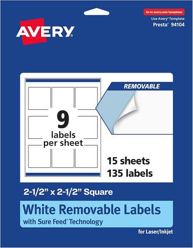 Avery Matte White Removable Square Labels with Sure Feed Technology, 2.5" x 2.5", 135 Removable Labels, Laser/Inkjet Printable Labels in Saudi Arabia