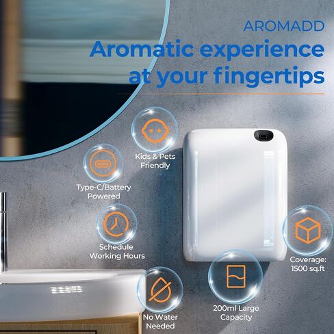 موزع روائح بدون ماء 200 مل، 1500 قدم مربع، جهاز هواء لرائحة الهواء للمنزل، موزع زيت ذكي يعمل بتقنية البلوتوث، موزع رائحة الهواء البارد مثبت على الحائط للمنزل والفندق ذو الغرفة الكبيرة in Kuwait