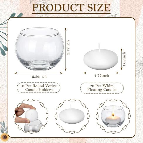 Round Votive Candle Holders Sets 10 Pcs Glass Tealight Candle Holder Jar with 20 Pcs White Floating Candles for Valentine's Day, Birthday, Wedding, Graduation Party, Holidays Atmosphere Decor in Saudi Arabia