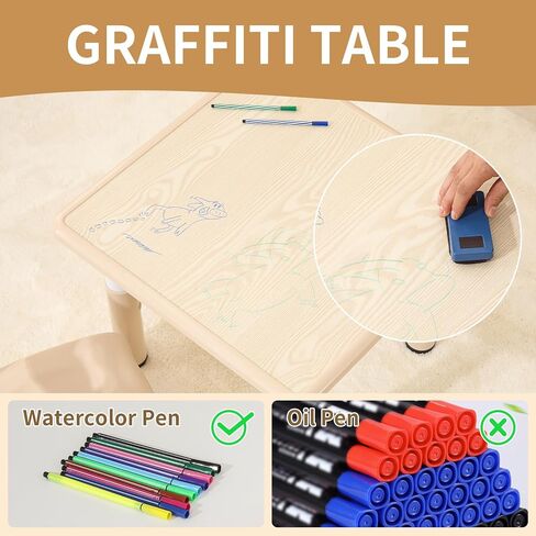 Hulaibit Kids Table and 2 Chairs Set, Height Adjustable Toddler Table and Chairs with Anti-Slip Foot Covers, Graffiti Desktop Arts & Crafts Table for Daycare, Classroom in Saudi Arabia