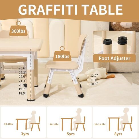 Hulaibit Kids Table and 2 Chairs Set, Height Adjustable Toddler Table and Chairs with Anti-Slip Foot Covers, Graffiti Desktop Arts & Crafts Table for Daycare, Classroom in Saudi Arabia