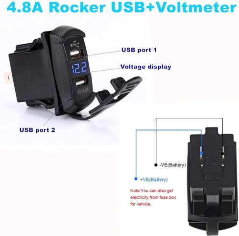 Switchtec 4.8 أمبير شاحن USB مزدوج على شكل مفتاح روكر مع الفولتميتر الأزرق للقوارب، RZR 900، RZR 1000، Ranger، منزل متنقل، RV، Spyders، Maverick، SxS، عربة الجولف، مركبات الطرق الوعرة، RV، جنبًا إلى جنب in Kuwait