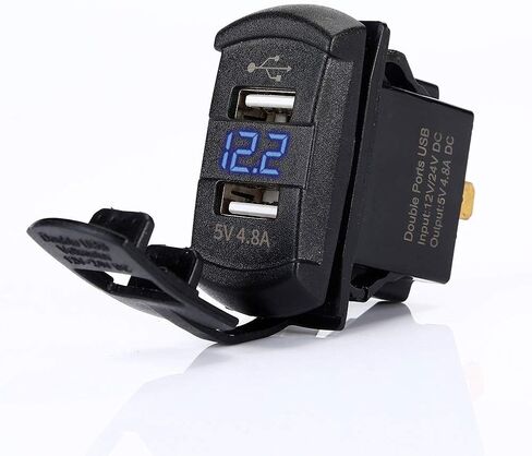 Switchtec 4.8 أمبير شاحن USB مزدوج على شكل مفتاح روكر مع الفولتميتر الأزرق للقوارب، RZR 900، RZR 1000، Ranger، منزل متنقل، RV، Spyders، Maverick، SxS، عربة الجولف، مركبات الطرق الوعرة، RV، جنبًا إلى جنب in Kuwait