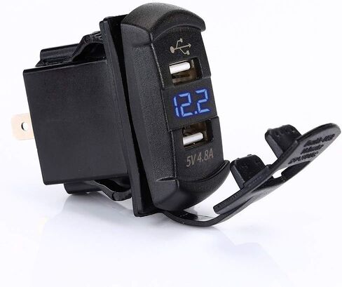 Switchtec 4.8 أمبير شاحن USB مزدوج على شكل مفتاح روكر مع الفولتميتر الأزرق للقوارب، RZR 900، RZR 1000، Ranger، منزل متنقل، RV، Spyders، Maverick، SxS، عربة الجولف، مركبات الطرق الوعرة، RV، جنبًا إلى جنب in Kuwait
