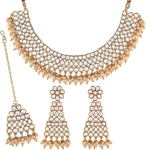 Aheli Ethnic Bollywood Faux Pearl Necklace Earrings Maang Tikka Indian Jewelry Set for Women in Saudi Arabia