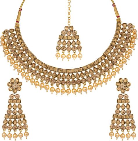 Aheli Ethnic Bollywood Faux Pearl Necklace Earrings Maang Tikka Indian Jewelry Set for Women in Saudi Arabia