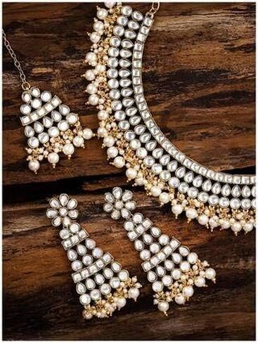 Aheli Ethnic Bollywood Faux Pearl Necklace Earrings Maang Tikka Indian Jewelry Set for Women in Saudi Arabia